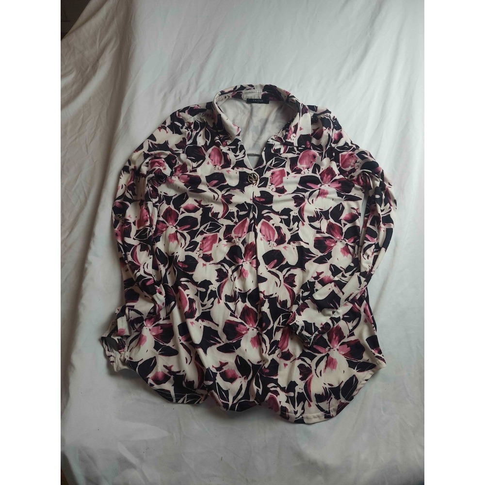 Valolia Blouse Top Womens Medium White Floral Button Long Sleeve Collared Casual